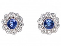 Large 18ct White Gold, Ceylon Sapphire & Diamond Cluster Earrings