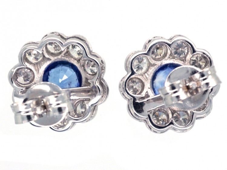 Large 18ct White Gold, Ceylon Sapphire & Diamond Cluster Earrings