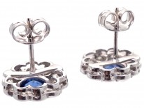 Large 18ct White Gold, Ceylon Sapphire & Diamond Cluster Earrings
