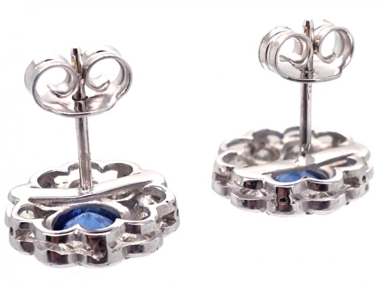 Large 18ct White Gold, Ceylon Sapphire & Diamond Cluster Earrings