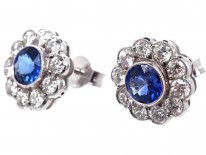 Large 18ct White Gold, Ceylon Sapphire & Diamond Cluster Earrings