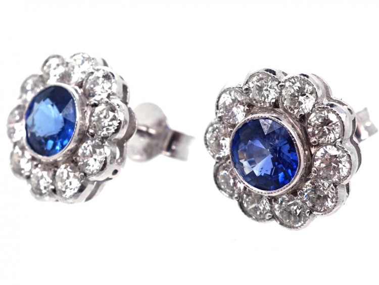 Large 18ct White Gold, Ceylon Sapphire & Diamond Cluster Earrings
