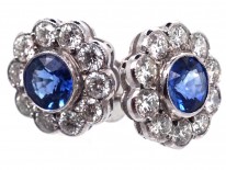 Large 18ct White Gold, Ceylon Sapphire & Diamond Cluster Earrings