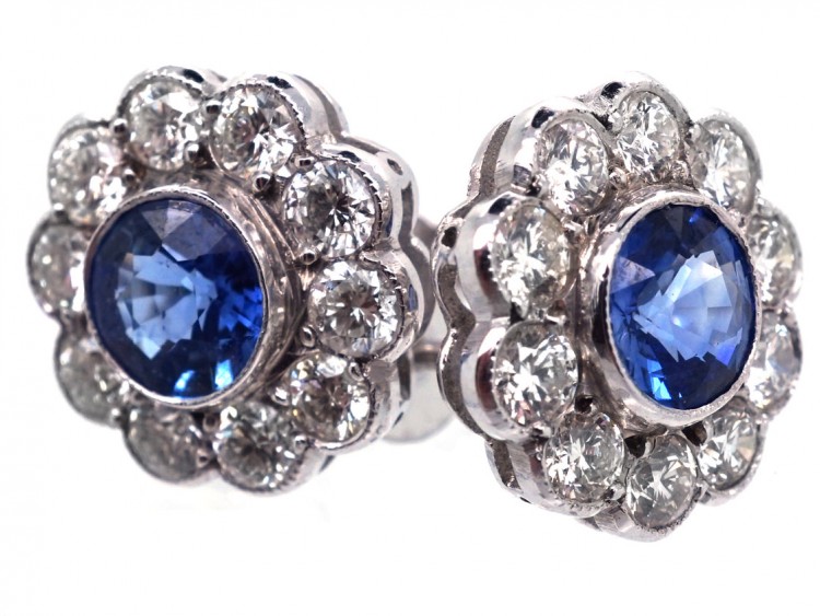 Large 18ct White Gold, Ceylon Sapphire & Diamond Cluster Earrings