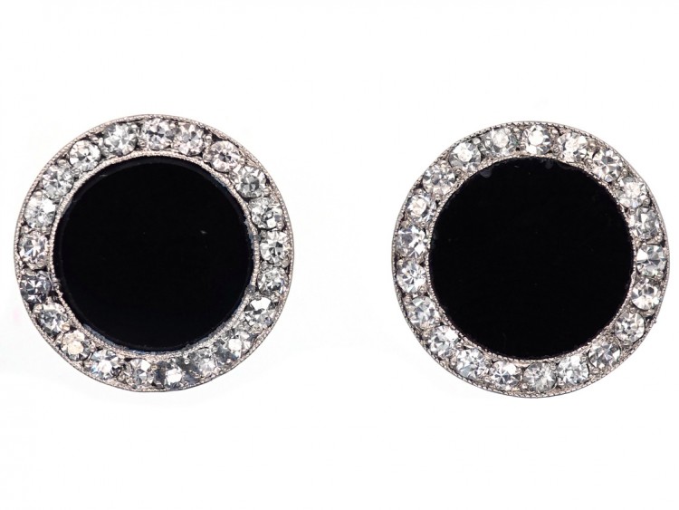 Art Deco Diamond & Onyx Round Earrings