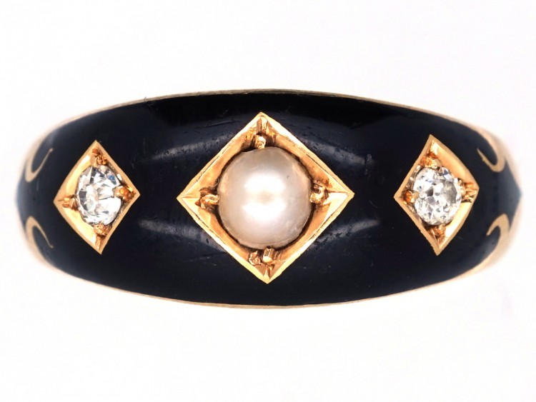 Victorian 18ct Gold, Diamond, Natural Split Pearl & Enamel Mourning Ring