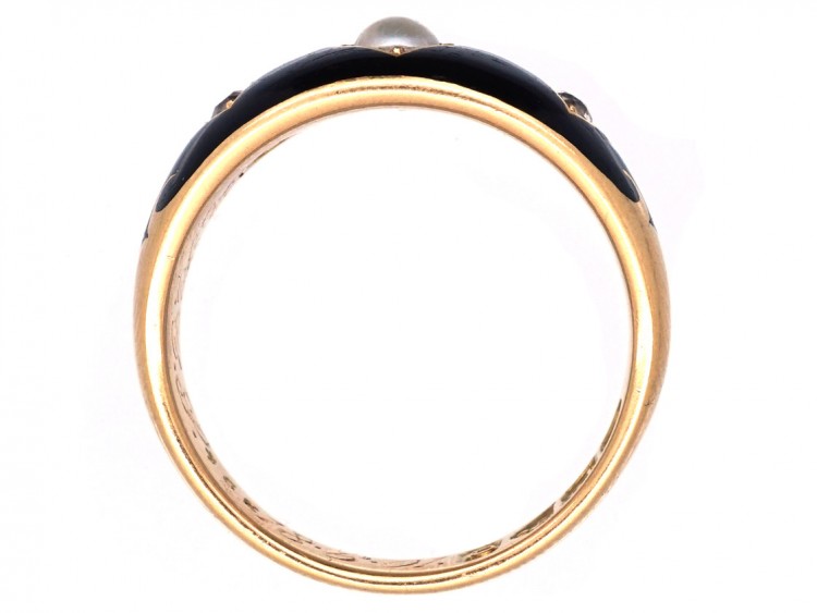 Victorian 18ct Gold, Diamond, Natural Split Pearl & Enamel Mourning Ring