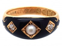 Victorian 18ct Gold, Diamond, Natural Split Pearl & Enamel Mourning Ring