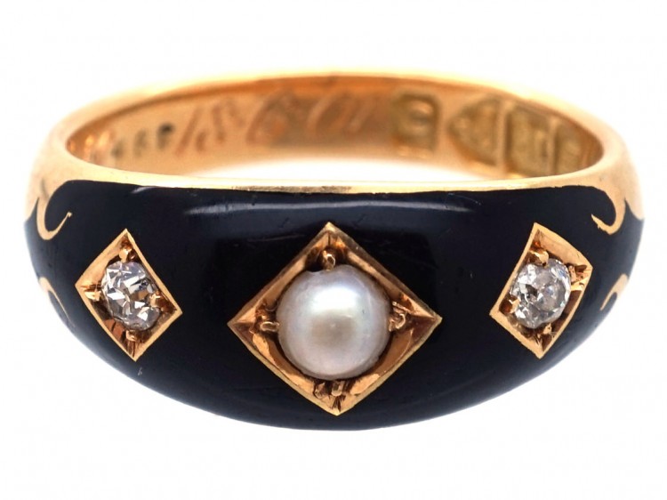 Victorian 18ct Gold, Diamond, Natural Split Pearl & Enamel Mourning Ring
