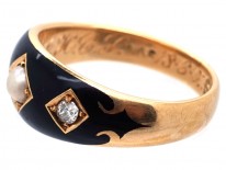 Victorian 18ct Gold, Diamond, Natural Split Pearl & Enamel Mourning Ring