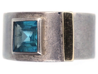Silver & Blue Stone Modernist Buckle Ring