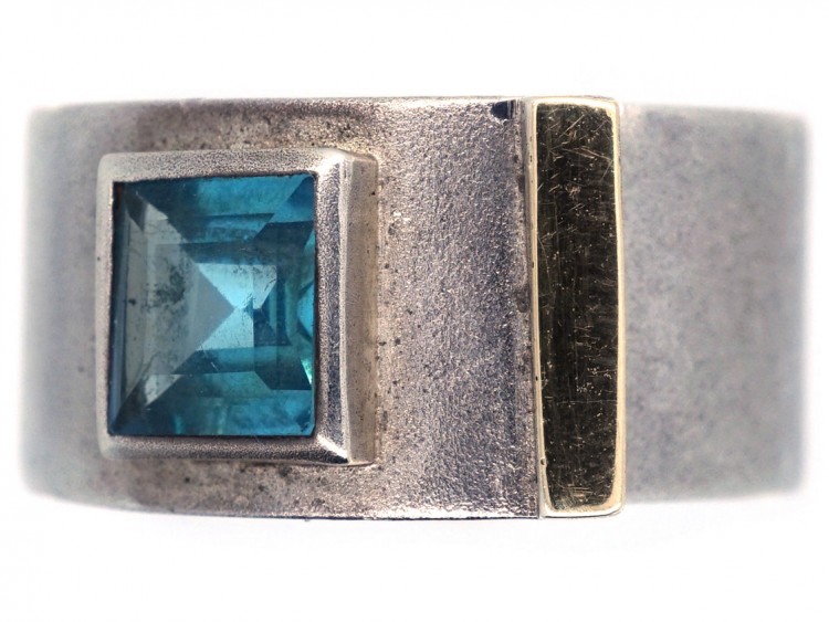 Silver & Blue Stone Modernist Buckle Ring