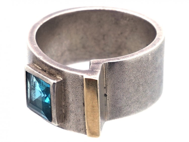 Silver & Blue Stone Modernist Buckle Ring
