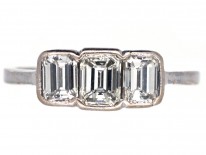 Art Deco 18ct White Gold Emerald Cut Three Stone Diamond Ring