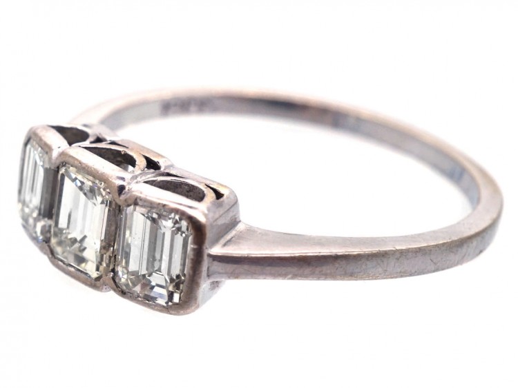 Art Deco 18ct White Gold Emerald Cut Three Stone Diamond Ring