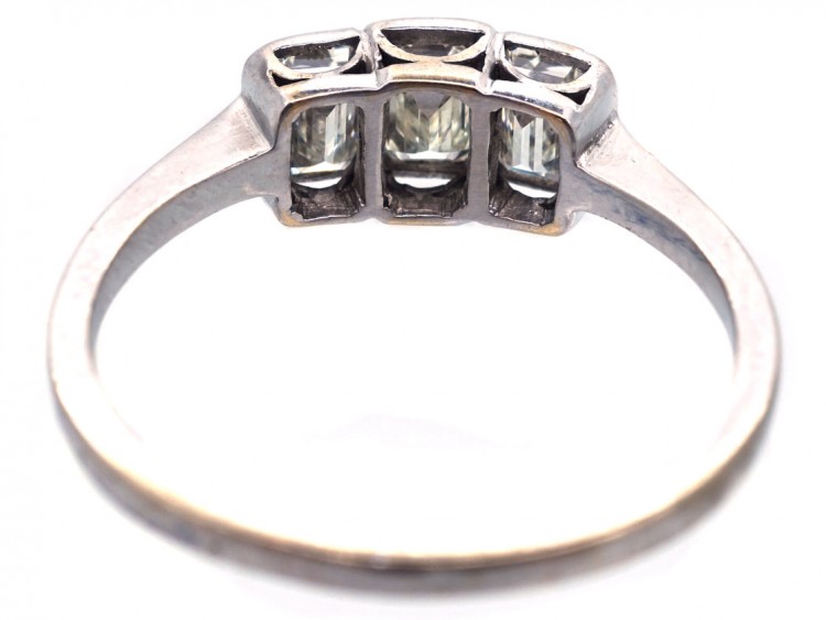 Art Deco 18ct White Gold Emerald Cut Three Stone Diamond Ring