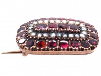Georgian Almandine Garnet & Natural Split Pearl 9ct Gold Mourning Brooch