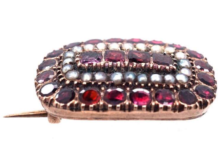 Georgian Almandine Garnet & Natural Split Pearl 9ct Gold Mourning Brooch