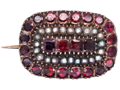 Georgian Almandine Garnet & Natural Split Pearl 9ct Gold Mourning Brooch