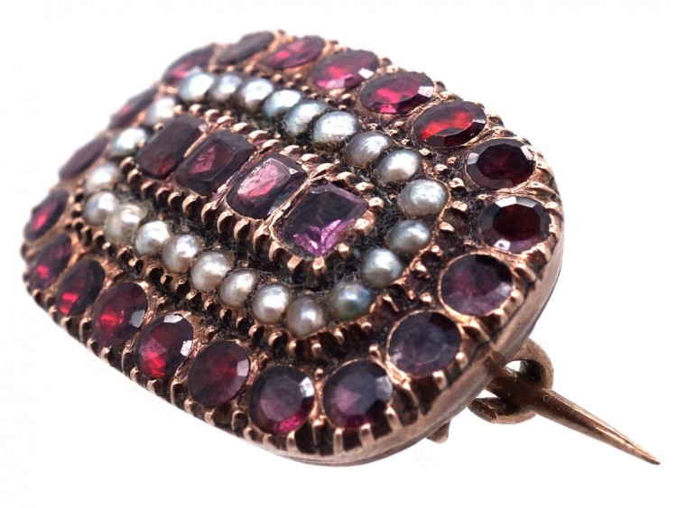 Georgian Almandine Garnet & Natural Split Pearl 9ct Gold Mourning Brooch