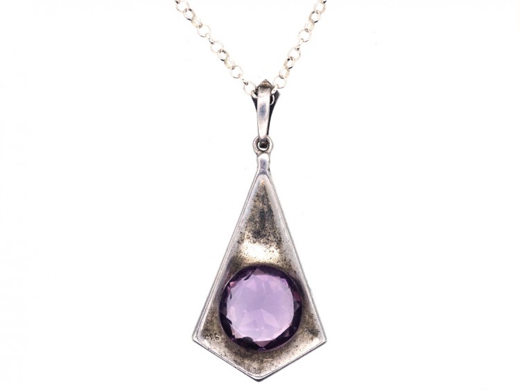 Art Deco Silver, Amethyst & Marcasite Pendant on Silver Chain