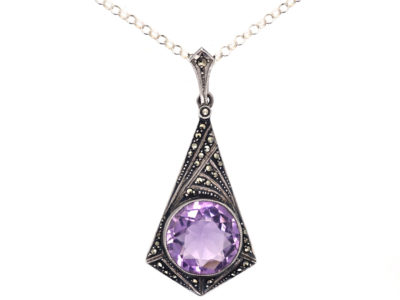 Art Deco Silver, Amethyst & Marcasite Pendant on Silver Chain