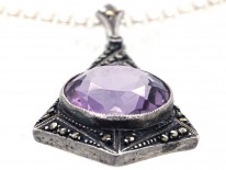 Art Deco Silver, Amethyst & Marcasite Pendant on Silver Chain