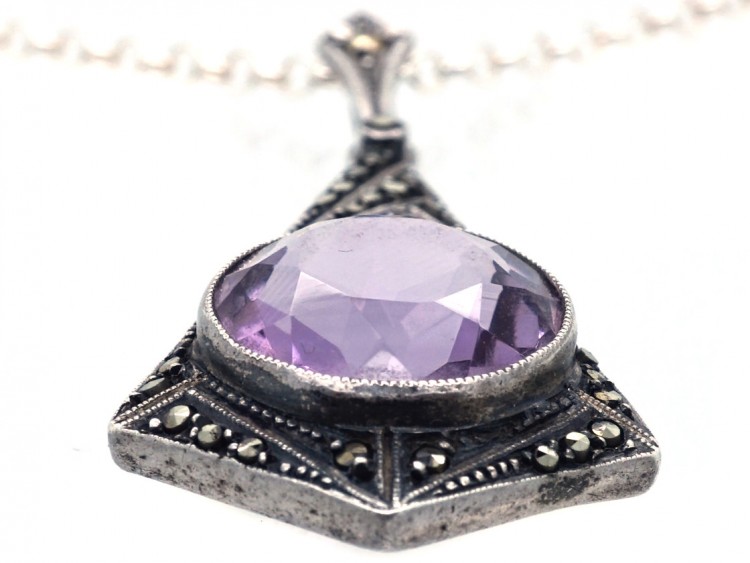Art Deco Silver, Amethyst & Marcasite Pendant on Silver Chain