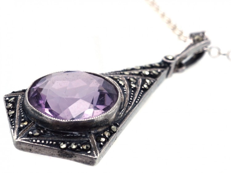 Art Deco Silver, Amethyst & Marcasite Pendant on Silver Chain