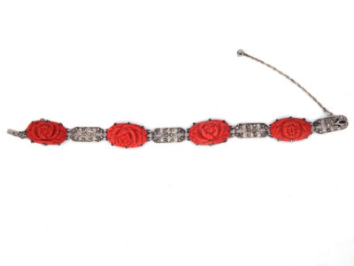 Art Deco Silver, Marcasite & Coral Bracelet