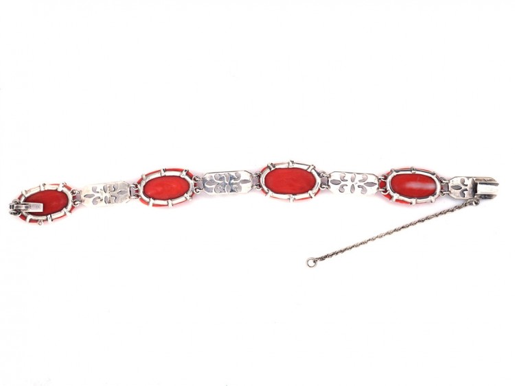 Art Deco Silver, Marcasite & Coral Bracelet