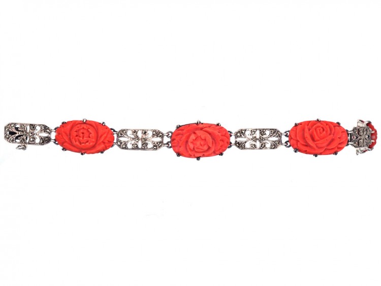 Art Deco Silver, Marcasite & Coral Bracelet