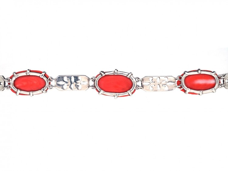 Art Deco Silver, Marcasite & Coral Bracelet