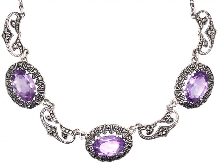Art Deco Silver, Amethyst & Marcasite Necklace