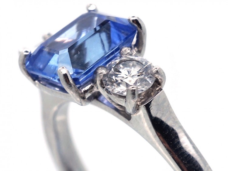 Platinum, Ceylon Sapphire & Diamond Three Stone Ring