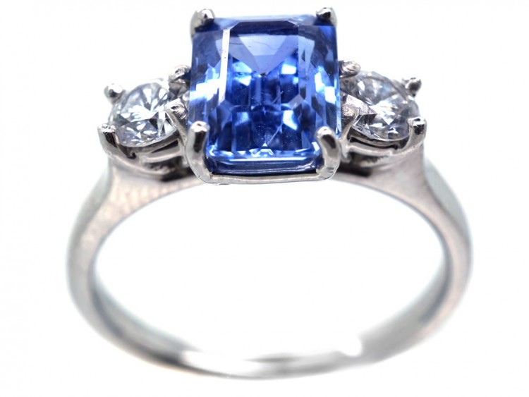Platinum, Ceylon Sapphire & Diamond Three Stone Ring