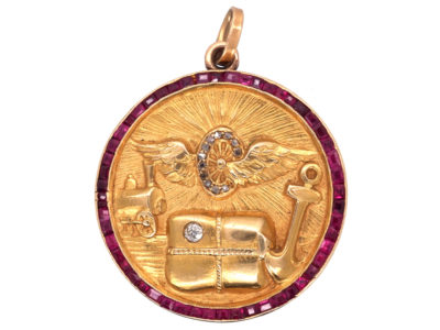18ct Gold, Diamond & Ruby Round Locket With Air, Rail & Sea Design