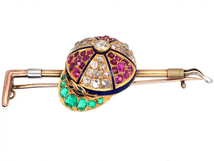 Victorian Emerald, Diamond, Ruby & Enamel Jockey Cap & Whip Brooch
