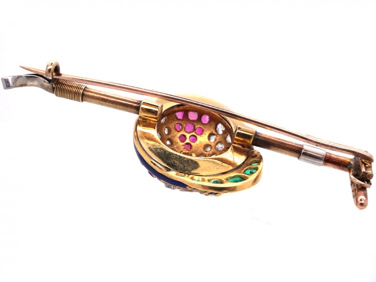 Victorian Emerald, Diamond, Ruby & Enamel Jockey Cap & Whip Brooch