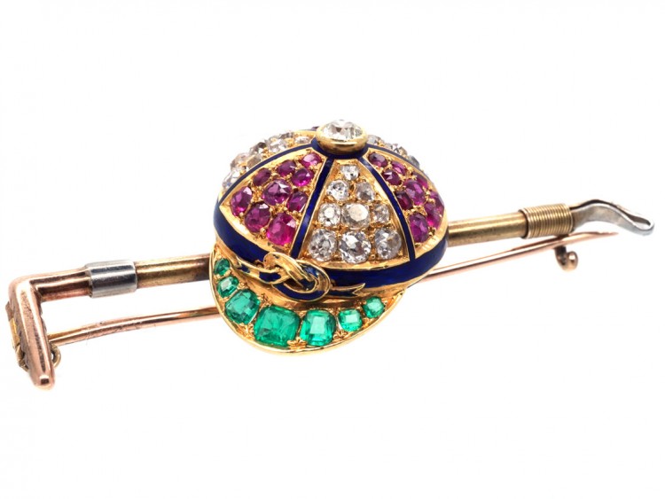 Victorian Emerald, Diamond, Ruby & Enamel Jockey Cap & Whip Brooch