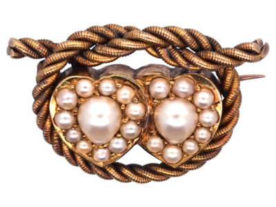 Edwardian 18ct Gold Double Heart Natural Split Pearl Brooch With Lover's Knot