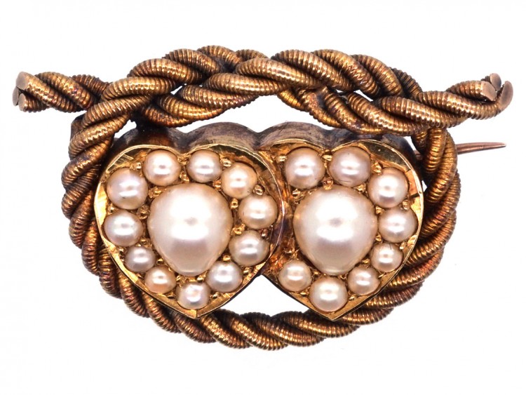Edwardian 18ct Gold Double Heart Natural Split Pearl Brooch With Lover's Knot