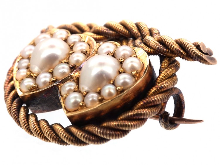 Edwardian 18ct Gold Double Heart Natural Split Pearl Brooch With Lover's Knot