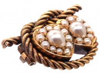 Edwardian 18ct Gold Double Heart Natural Split Pearl Brooch With Lover's Knot