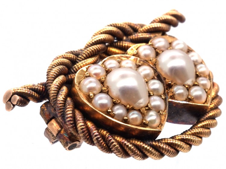 Edwardian 18ct Gold Double Heart Natural Split Pearl Brooch With Lover's Knot