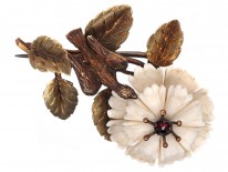 Georgian Two Colour 15ct Gold Botanical Brooch With White Coral Flower & Bird Motif