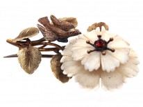 Georgian Two Colour 15ct Gold Botanical Brooch With White Coral Flower & Bird Motif