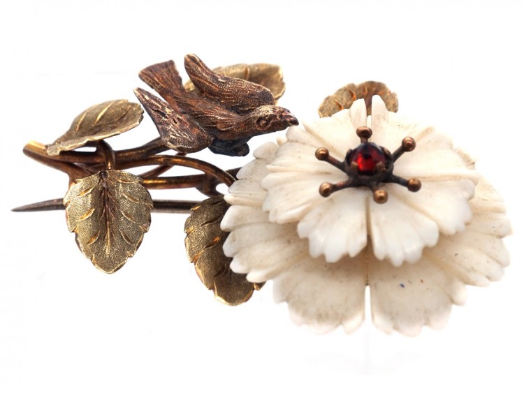 Georgian Two Colour 15ct Gold Botanical Brooch With White Coral Flower & Bird Motif