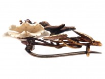 Georgian Two Colour 15ct Gold Botanical Brooch With White Coral Flower & Bird Motif
