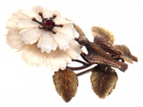 Georgian Two Colour 15ct Gold Botanical Brooch With White Coral Flower & Bird Motif